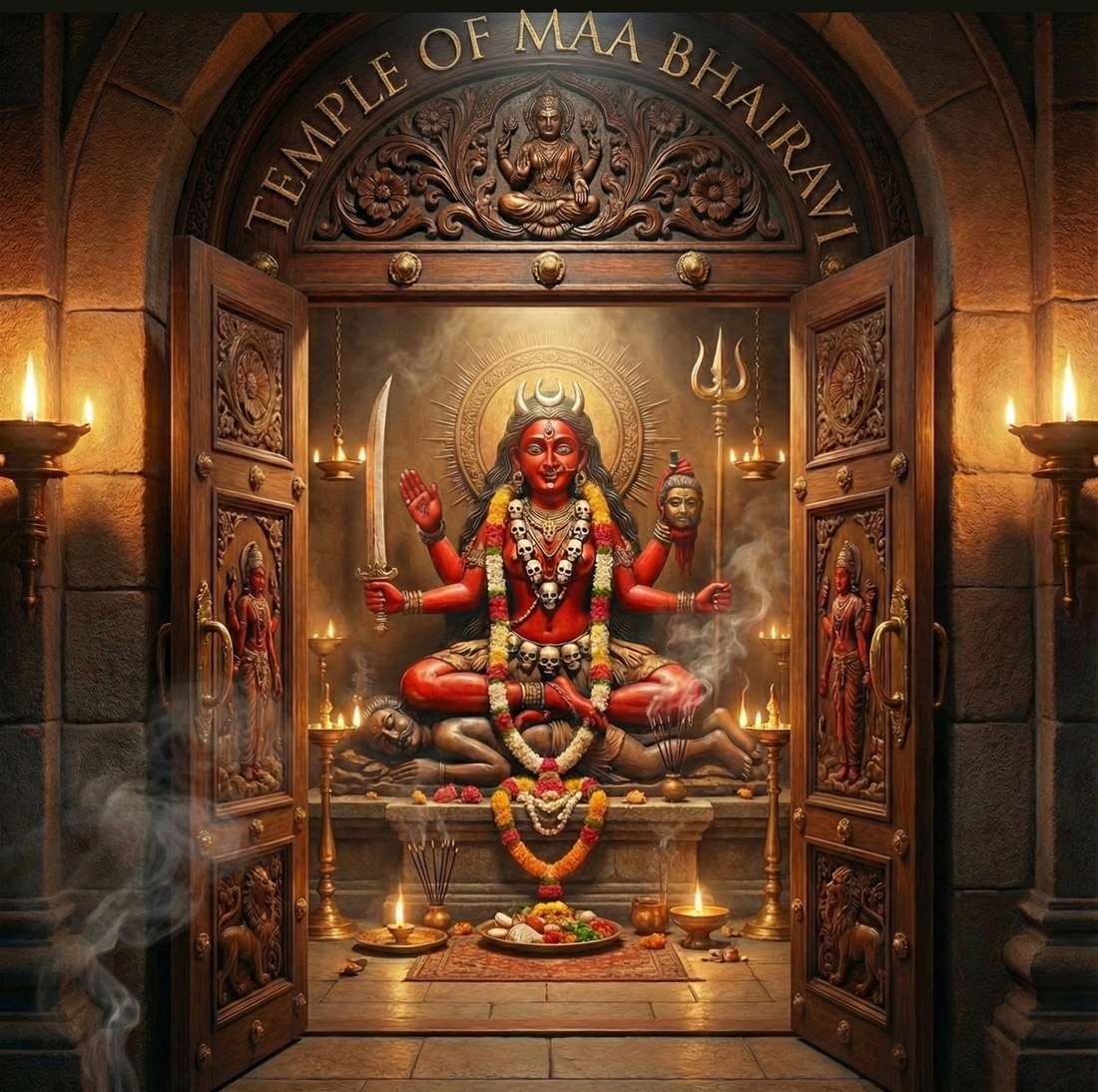 Darshan of The Divine Vigraha Of The Divine Mother Maa Bhairavi, Enshrined beyond the carved doors, the lamps burning